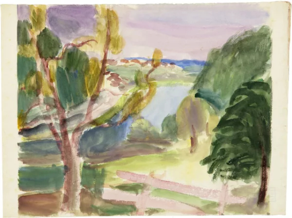 Louis Moilliet — Landschaft mit Zaun, Bäumen und See im Hintergrund