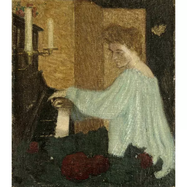Louis Moilliet — Hélène Gobat, die Braut des Künstlers am Klavier — Galerie Kornfeld