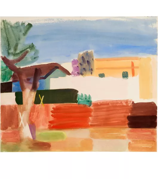 Louis Moilliet — Gelbes Haus in Karthago (Komposition mit Baum und Häusern) — Galerie Kornfeld