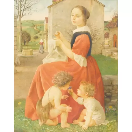Maria mit Jesus und Johannes im Dorf