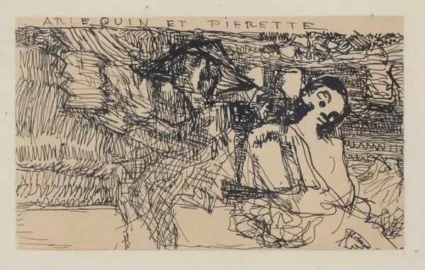 Louis SOUTTER (1871-1942), "Arlequin et Pierette", dessin à la plume sur papier, titré en haut au milieu — DognyAuction