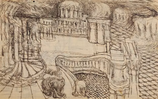 Louis SOUTTER (1871-1942), "Escalier donnant sur une place" et "L'entrée d'une mortelle au Royaume promis", encre de Chine — DognyAuction