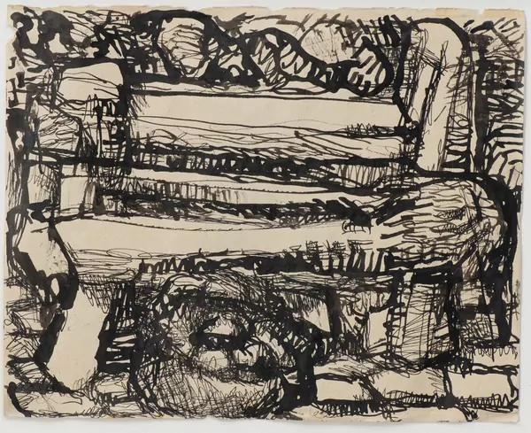 Louis SOUTTER (1871-1942), "Le banc du peleur de pommes de terre", dessin à l'encre sur papier titré au dos — DognyAuction