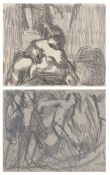 Louis SOUTTER (1871-1942), "Vase de l'Amour", dessin au crayon sur papier titré en bas à droite Au verso: "Homme endormi à l'ombre des arbres sur une chaise" dessin au crayon non titré — DognyAuction