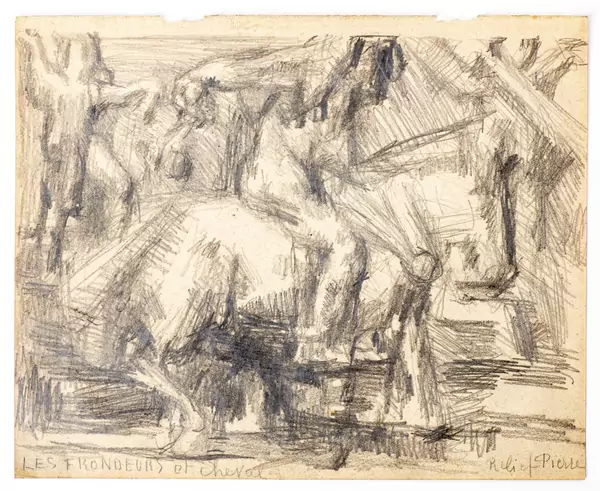 Louis SOUTTER (1871-1942), "Les frondeurs et cheval", dessin recto-verso, crayon sur papier titré en bas à gauche — DognyAuction