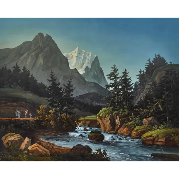Ludwig Hess — Gebirgsbach mit Wetterhorn und Staffage.