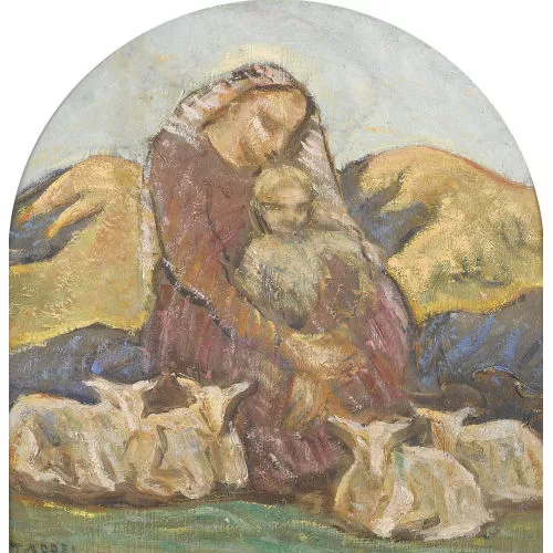 Luigi Taddei — Mutter mit Kind und Lämmern im Gebirge.