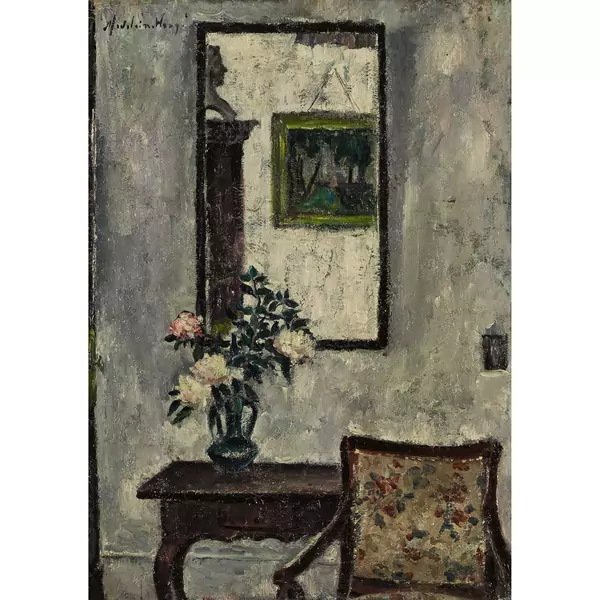 Interieur mit Spiegel, Blumenstrauss und Armlehnstuhl