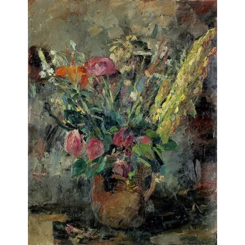 Manfred Henninger — Blumenstrauss in braunem Krug.