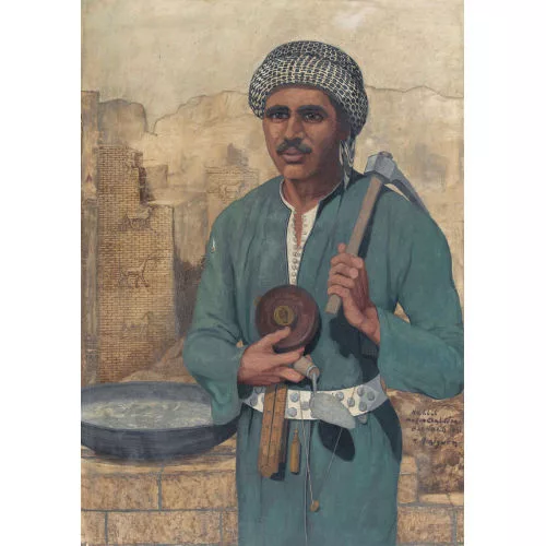 Marcel Amiguet — Porträt des Ausgräbers Kahlil vor den Ruinen Babylons.