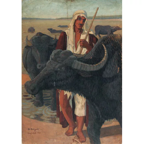 Marcel Amiguet — Irakischer Hirte mit Büffelherde am Fluss.