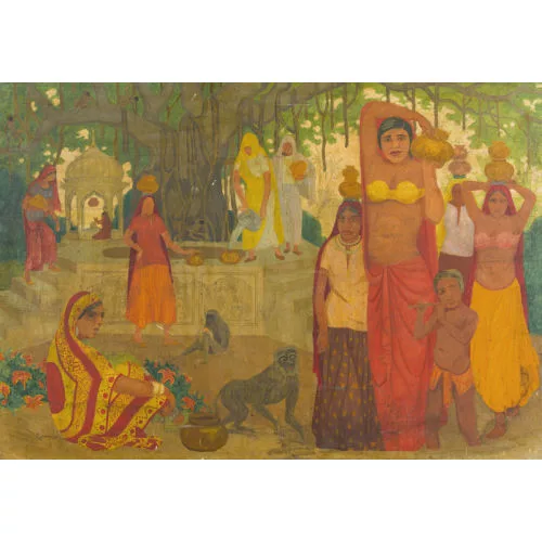 Marcel Amiguet — Brunnenszene in Indien mit Frauen und Affen unter Bodhibaum.