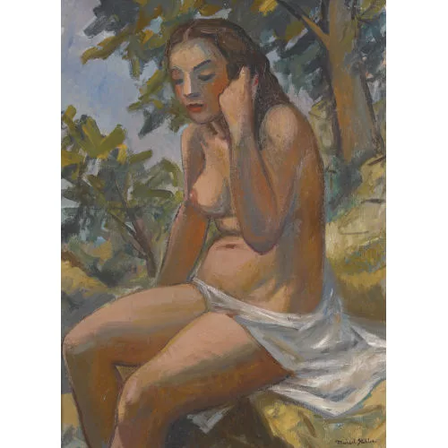 Marcel Stebler — Sitzender Frauenakt im Wald.