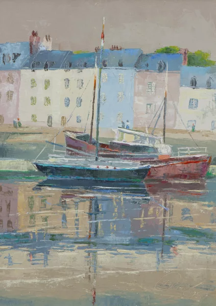 Marcus Campbell — Marcus CAMPBELL (1905-1992) "Barques amarrées à Vannes" huile sur panneau daté 1975