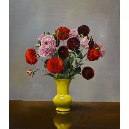 Marcus Jacobi — Stillleben mit Dahlien in gelber Vase.