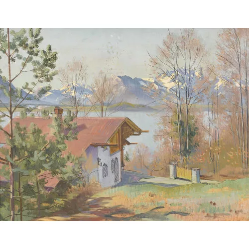 Marcus Jacobi — Herbstliche Uferpartie mit einem Haus.