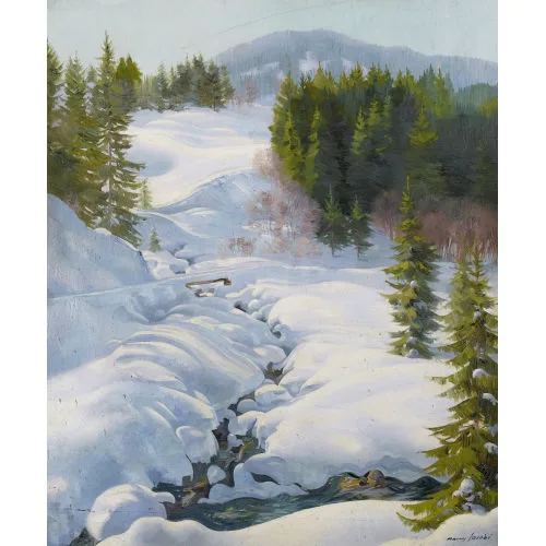 Marcus Jacobi — Verschneite Bachlandschaft in den Alpen.