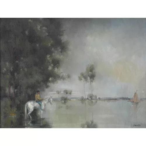 Marcus Jacobi — Seeuferpartie mit Reiter und Schimmel.