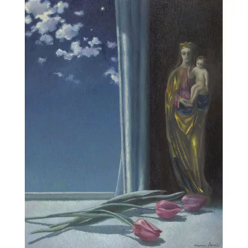 Marcus Jacobi — Nächtliches Stillleben mit Tulpen und Marienskulptur.