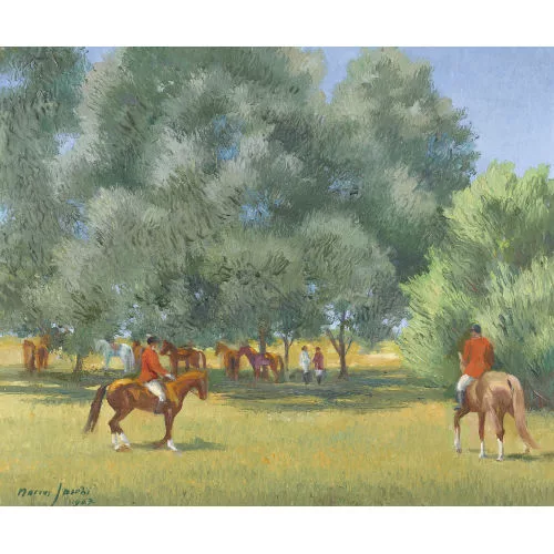 Marcus Jacobi — Sommerlandschaft mit Jagdgesellschaft und Pferden.