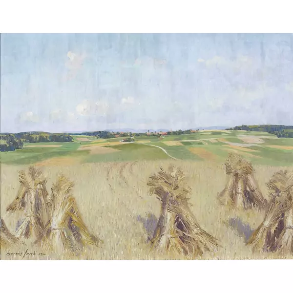 Weite Feldlandschaft mit Heuschobern