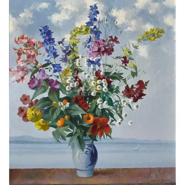 Blumenstrauss vor Seelandschaft
