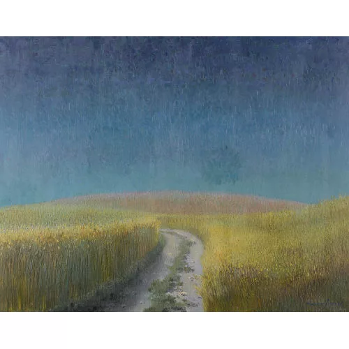 Marcus Jacobi — Kornfeld mit Weg unter blauem Himmel.