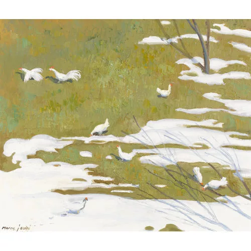 Marcus Jacobi — Wiesenlandschaft im Vorfrühling mit Hühnern.