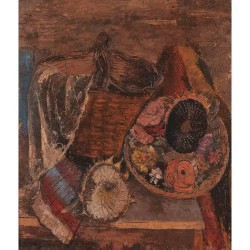 Margherita Osswald-Toppi — Stillleben mit Sonnenblumen und Korb.