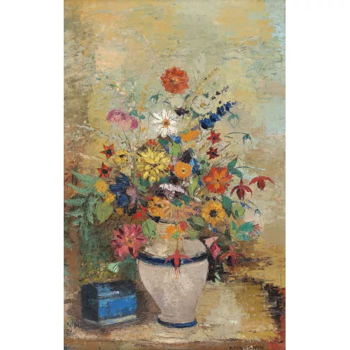 Margherita Osswald-Toppi — Stillleben mit Feldblumen und blauer Schatulle.