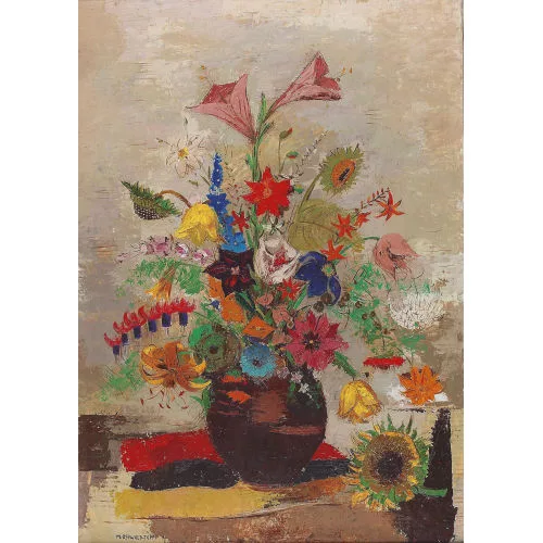 Margherita Osswald-Toppi — Buntes Blumenbouquet in bauchigem Gefäss.