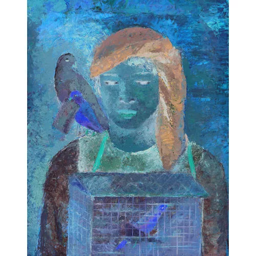 Margherita Osswald-Toppi — Mädchen mit Vogelkäfig und zwei Vögeln auf der Schulter.