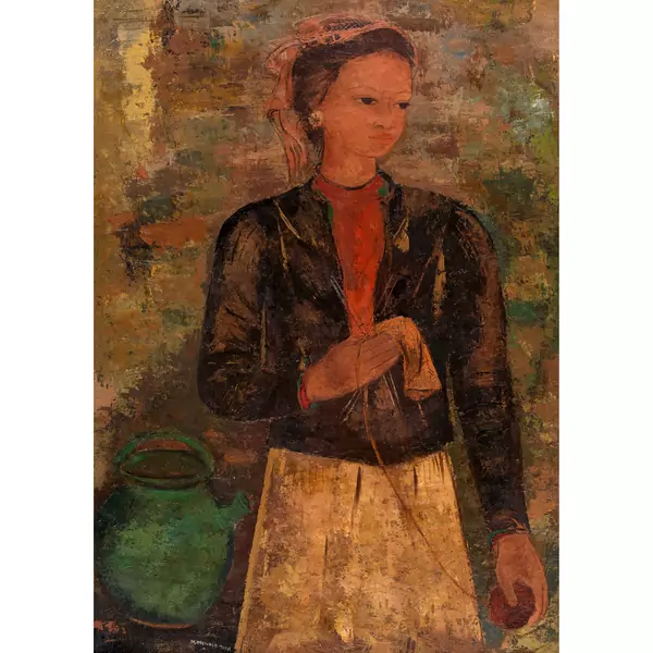 Mädchen mit Strickarbeit und Verenenkrug