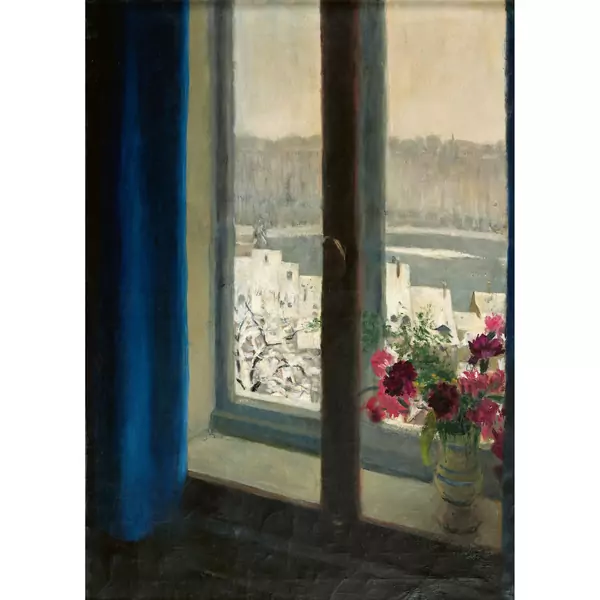 Blick durchs Fenster auf das winterliche Bern