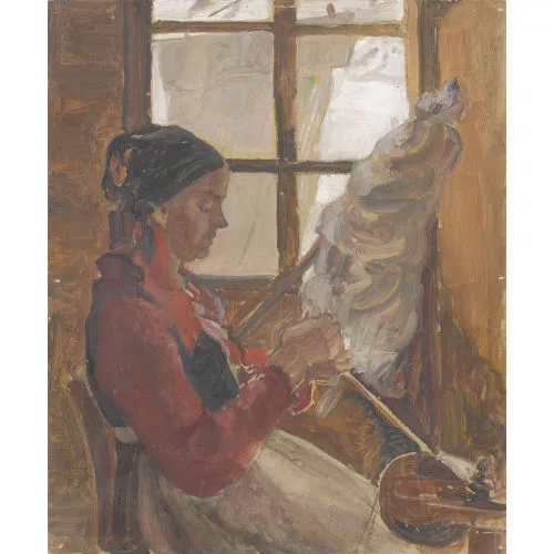 Marguerite Reutter-Junod — Interieur mit Spinnerin.