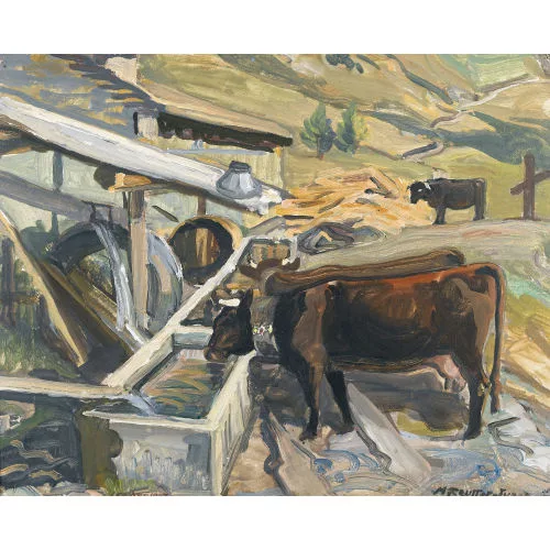 Marguerite Reutter-Junod — Weidende Kühe an der Tränke.