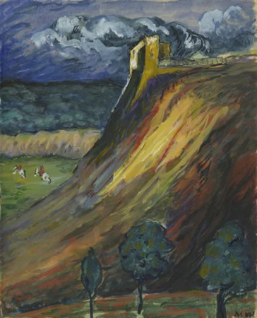 Burg mit zwei Reitern im Tal, Um 1916.