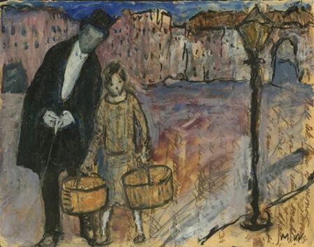 Strassenszene, Herr mit Zylinder und Mädchen mit Körben. Um 1916.