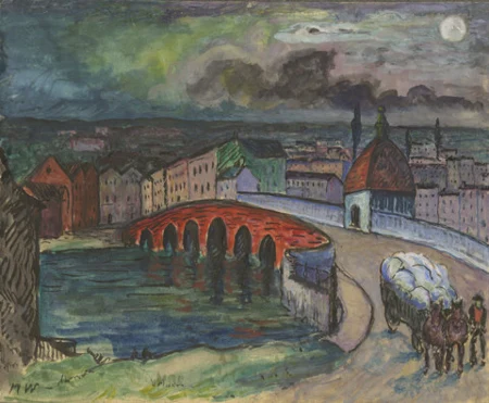 Stadt mit Brücke und Pferdefuhrwerk, Um 1916.