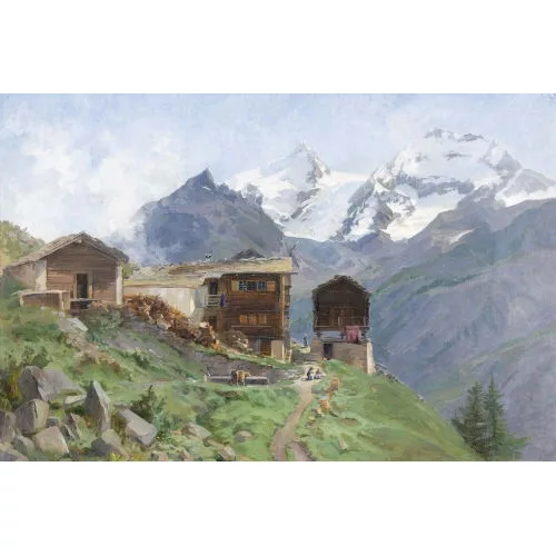 Marie Rollé — Walliser Dorfpartie mit Alpenpanorama.