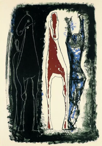 Marino Marini — Jongleur et deux chevaux, bleu, jaune et noir
