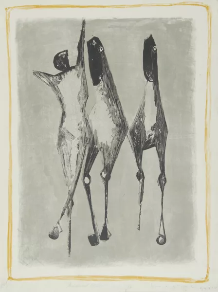 Marino Marini — Jongleur et chevaux, fond vert, bordure jaune, 1952