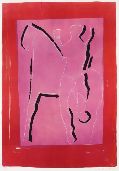 Marino Marini — Reiter auf violettem Hintergrund, roter Rand (Cavaliere)
