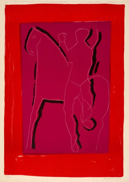 Marino Marini — Reiter auf violetten Grund, mit roter Bordüre. - Deux clowns et cheval