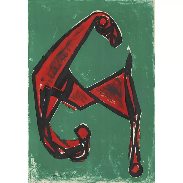 "Cheval rouge sur fond vert"
