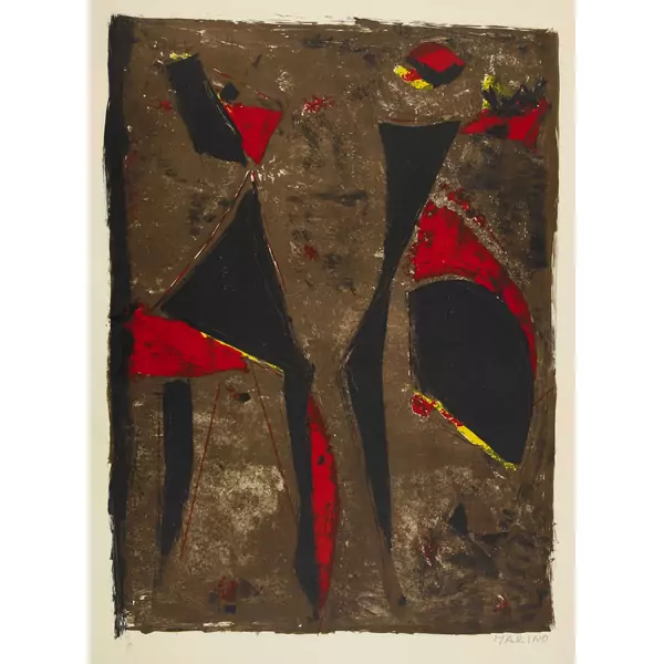 "Cavalier noir et rouge sur fond brun"