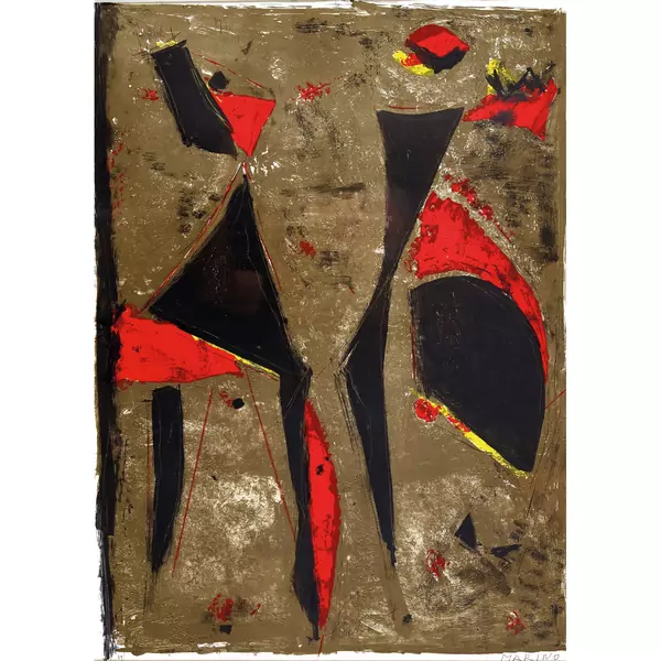 "Cavalier noir et rouge sur fond brun"