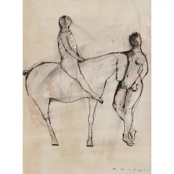 "Cavallo e cavaliere di profilo e figura tante femminile di fronte"