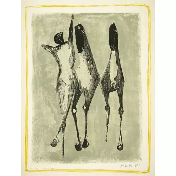 Marino Marini — Jongleur et chevaux, fond vert, bordure jaune — Galerie Kornfeld