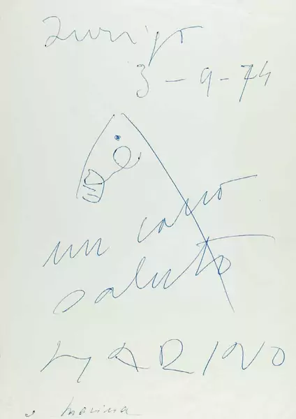 Marino Marini — Eigenhändiges Albumblatt, Kugelschreiber-Skizze mit Unterschrift «Marino». Zürich 3.IX.1974. — Galerie Kornfeld